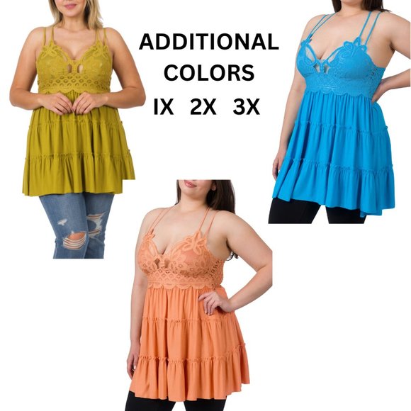 PLUS CROCHET LACE RUFFLE CAMI DRESS - Olive Mustard 1X - Picture 9 of 10